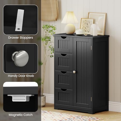 Giantex Bathroom Storage Cabinet with Drawers - 4 Drawer Storage Organizer w/Cupboard, Adjustable Shelf, Anti-Toppling Device, Entryway Storage Unit Console Table, Bathroom Floor Cabinet (Black)