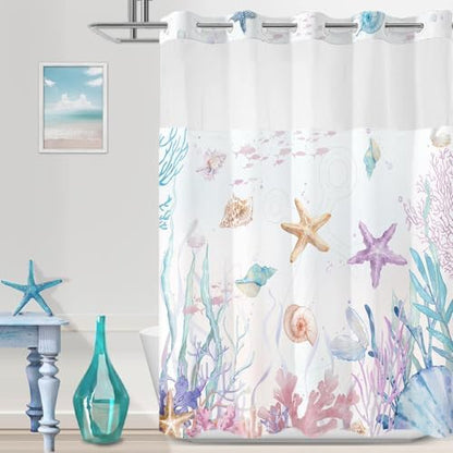 No Hook Shower Curtain and Liner Set, Watercolor Purple Beach Coastal 71x74