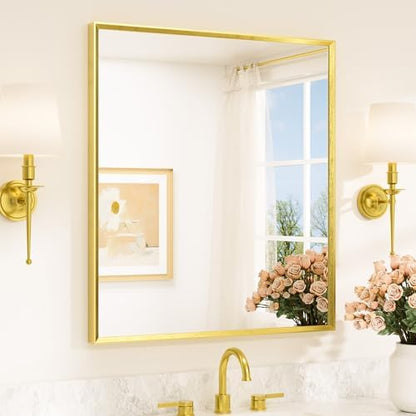 TETOTE Brushed Gold Mirror for Bathroom Sink 32" x 36" Beveled Frame Brushed Gold Brass Vanity Rectangle Mirror for Bathroom Wall, Modern Farmhouse, Tempered Glass, Stronger Frame