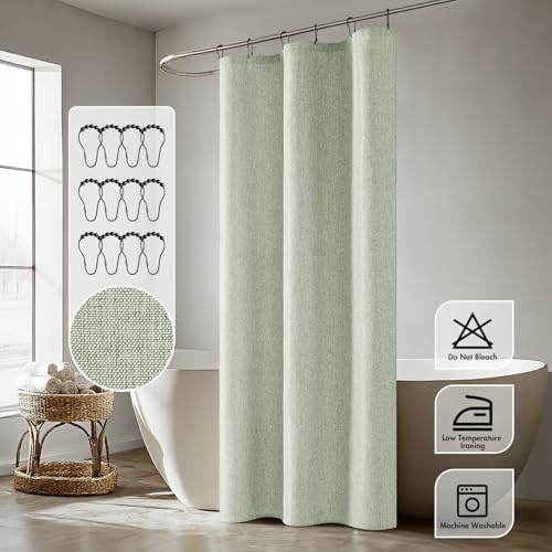 ANRODUO Sage Green Linen Textured Fabric Shower Curtain Set - W36xL72