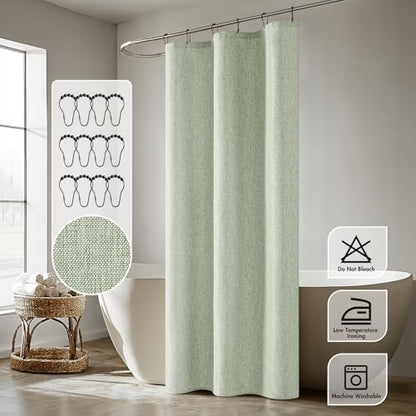 ANRODUO Sage Green Linen Textured Fabric Shower Curtain Set - W36xL72