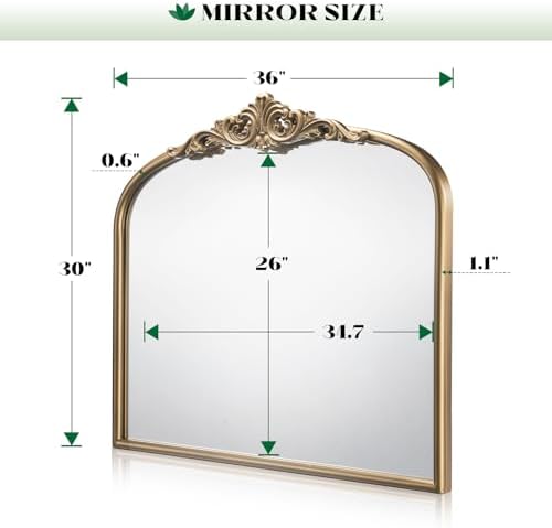 Antique Gold Mirror, 36"x30" Ornate Wide Arched Mirror