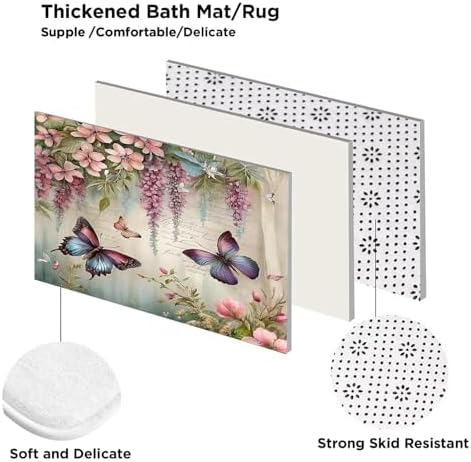 Chrainy 4pcs Spring Butterfly Shower Cutain Set Bathroom Decor with Rugs
