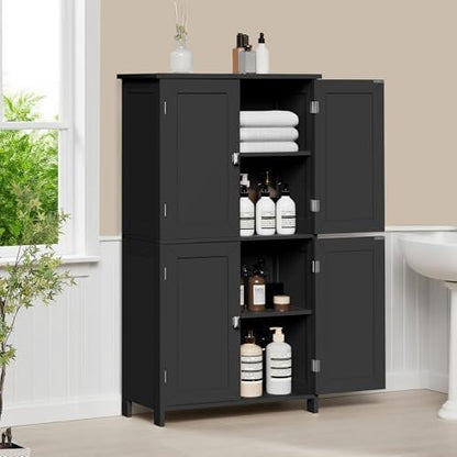Bathroom Cabinet with Adjustable Shelf Freestanding Storage Cabinet with 2 Doors Wooden Organizer Floor for Bathroom Kitchen and Living Room (Black, 4 Doors)