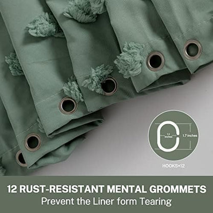 Siiluminisoy Small Stall Green Boho Shower Curtain Woven Fabric Cute Shower Curtain, 36 x 72 Tufted Pleat Floral Textured Modern Farmhouse Minimalist Shower Curtain Set with Hooks for Bathroom