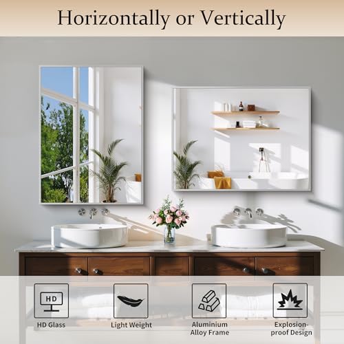 COFENY Silver Bathroom Mirror for Wall, 24x32 Inch Rectangle with Metal Frame, Modern Vanity for Bathroom Living Room, Entryway Hangs Horizontal or Vertical
