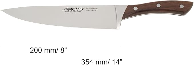 Arcos Chef Knife 8 Inch Nitrum Stainless Steel and 200 mm blade. Professional Multipurpose Cooking Knife. Ergonomic Polyoxymethylene POM Rosewood Handle. Series Natura.