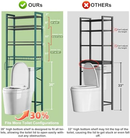 Kalrin Over-The-Toilet Storage Rack, 4-Tier Bathroom Organizer Shelf Over Toilet with Adjustable Shelf and Basket, Freestanding Space Saver Bathroom Shelves Above Toilet for Room (Green- Black)