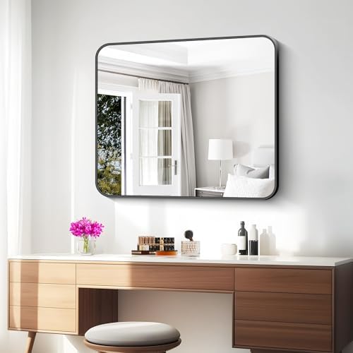 BONEWEI 30x36 inch Bathroom Mirror,Black Rectangle Mirror,Wall Mounted Bathroom Frame Vanity Mirror with Round Corner for Bedroom Living Room, Entryway Hangs Horizontal or Vertical