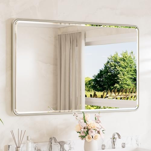TETOTE Brushed Nickel Mirrors for Wall 48 x 30 Beveled Edge Tempered Glass, Rounded Corner Rectangle Framed Mirror for Modern Bathroom, Living Room, Bedroom, Entryway