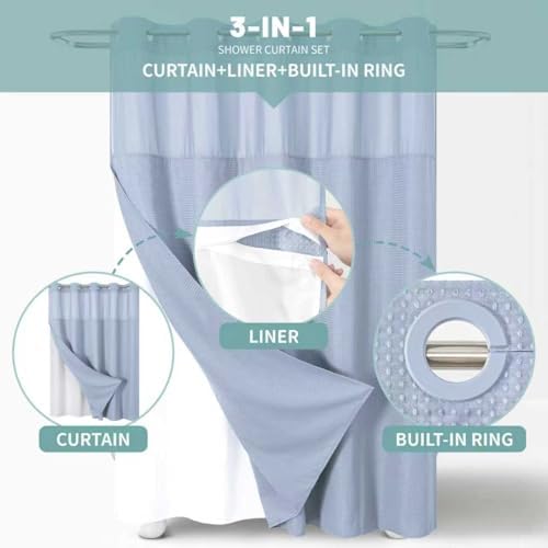 No Hook Waffle Shower Curtain with Snap-in Liner, 60x74 Inch, Frost Blue
