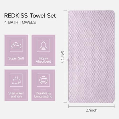 REDKISS 4 Pack Purple Microfiber Bath Towels - Large Shower Towels Set for Bathroom, Super Absorbent Towel Set of 4 Lagre, Quick Dry Bathroom Towel for Spa, Gym,Travel, Lint Free, Ultra Soft