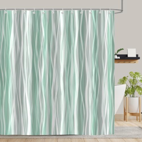 Moonslim Sage Green Grey Ombre Shower Curtain, Modern Wavy Abstract Striped Line Bathroom Curtain, Waterproof Fabric Bath Decor, 72 x 72 Inch
