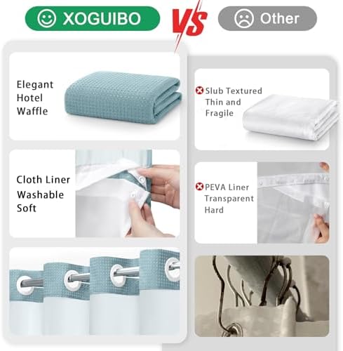 No Hook Shower Curtain with Liner Set Hotel Waffle Curtain Cyan 72W X 75L