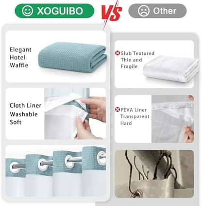 No Hook Shower Curtain with Liner Set Hotel Waffle Curtain Cyan 72W X 75L