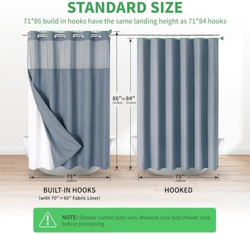 eachope No Hook Fabric Shower Curtain with Snap-in Liner,71x86 Blue Grey