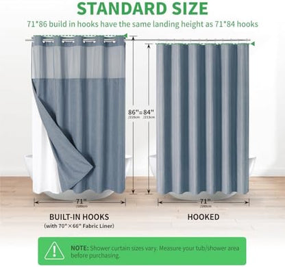 eachope No Hook Fabric Shower Curtain with Snap-in Liner,71x86 Blue Grey