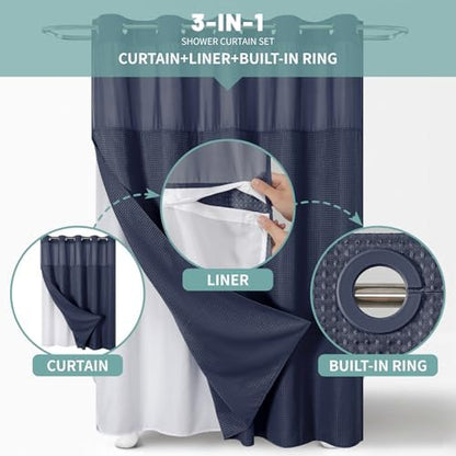 eachope No Hook Waffle Shower Curtain with Snap-in Liner, 71x74 Inch, Navy