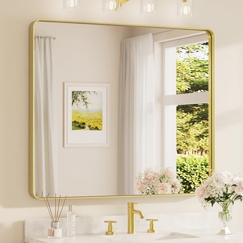 TETOTE 42 x 36 Inch Gold Mirror for Bathroom, Brushed Metal Frame Vanity Mirror, Brass Gold Rectangle Modern Decorative Wall Mirrors for Entryway Shatterproof (Horizontal/Vertical)