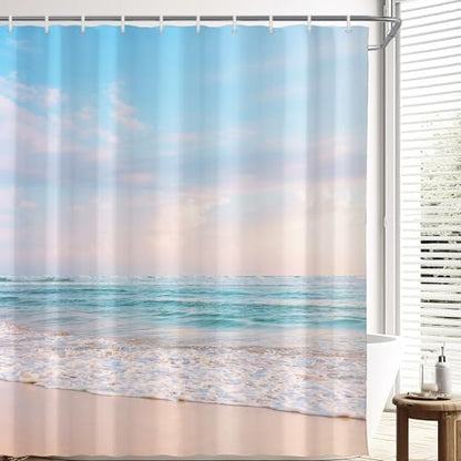 Ocean Beach Coastal Seaside Shower Curtain for Bathroom 60W*72H Inch Nautical Summer Seacoast Beachy Waves Bathtub Decor Seascape Nature Waterproof Polyester Fabric Set with 12 Hooks(10 Holes)