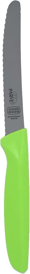 The Kosher Cook Parve Green Kitchen Knife - 4.5” Steak and Vegetable Knife - Razor Sharp Curved Tip, Serrated Edge - Color Coded Kitchen Tools