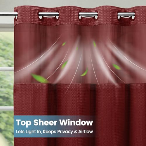 No Hook Waffle Shower Curtain with Snap in Liner Set, 71x74, Burgundy