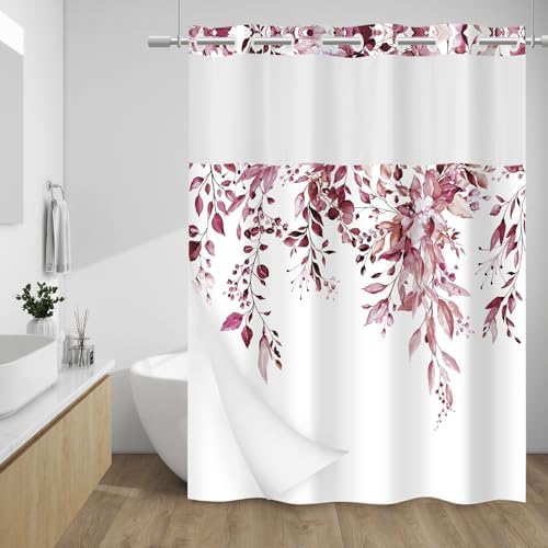WITHLOC No Hook Shower Curtain with Liner, Eucalyptus Burgundy, 71x74