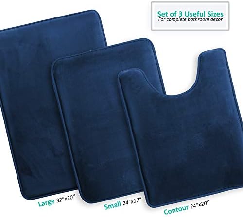 Clara Clark 3 Piece Bathroom Rugs Bath Mat Set, Velvet Memory Foam Bath Mats for Bathroom - Non-Slip, PVC Backing Bath Rugs, Washable - Dries Quickly, Blue