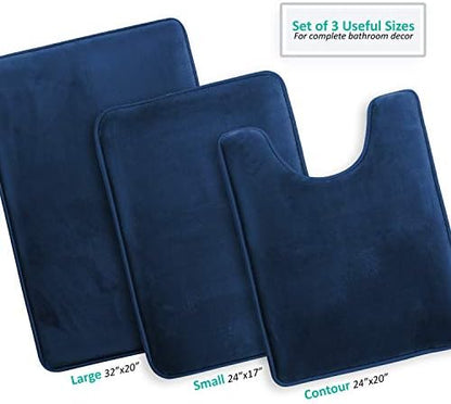 Clara Clark 3 Piece Bathroom Rugs Bath Mat Set, Velvet Memory Foam Bath Mats for Bathroom - Non-Slip, PVC Backing Bath Rugs, Washable - Dries Quickly, Blue