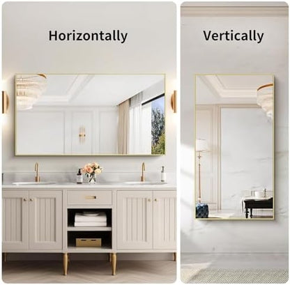 COFENY 30x55In Gold Bathroom Mirror for Wall, Brushed Gold Rectangle Mirrors with Metal Frame, Bathroom Rectangular Mirror Modern Wall Mirror for Bedroom Living Room, Hangs Horizontal or Vertical