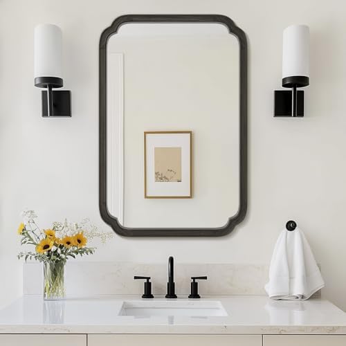 WallBeyond 24" x 36" Rounded Corner Arch Wall Mirror with Wood Frame for Entryway, Living Room or Bedroom Home Decor - Light Woodgrain [24" x 36" Black]
