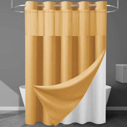 EUTXL Heavyweight Waffle No Hook Shower Curtain with Liner, 71x74, Gold