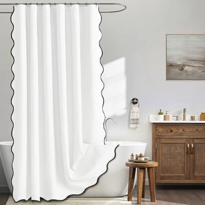 MIULEE White Scalloped Linen Shower Curtain 72x72 Inches