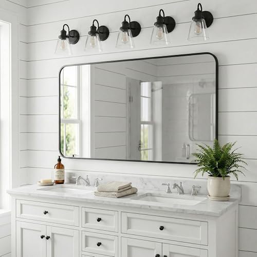 30x48 Inch Matte Black Rounded Rectangle Bathroom Vanity Mirror