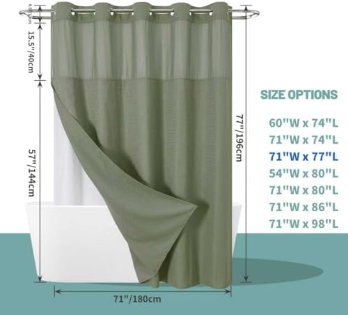 No Hook Waffle Shower Curtain with Snap-in Liner, 71x77 Inch, Sage Green