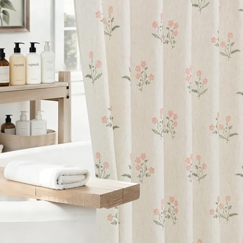 ORTIGIA Linen Shower Curtain 60 W x 72 L Farmhouse Vintage Pink Green Floral Shower Curtains Boho Rustic Block Print Cottagecore Decor for Bathroom