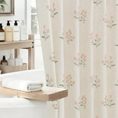 ORTIGIA Linen Shower Curtain 60 W x 72 L Farmhouse Vintage Pink Green Floral Shower Curtains Boho Rustic Block Print Cottagecore Decor for Bathroom