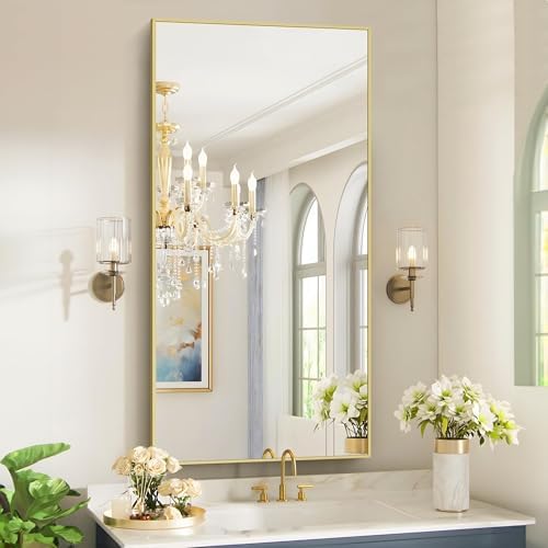 COFENY 48x24In Gold Bathroom Mirror for Wall, Brushed Gold Rectangle Mirrors with Metal Frame, Bathroom Rectangular Mirror Modern Wall Mirror for Bedroom Living Room, Hangs Horizontal or Vertical