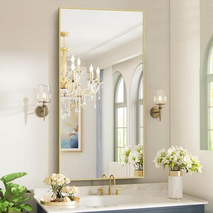 COFENY 48x24In Gold Bathroom Mirror for Wall, Brushed Gold Rectangle Mirrors with Metal Frame, Bathroom Rectangular Mirror Modern Wall Mirror for Bedroom Living Room, Hangs Horizontal or Vertical