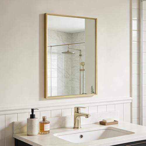 Bathroom Mirror for Wall, 24x16 Inch Framed Vanity Mirror Brushed Gold
