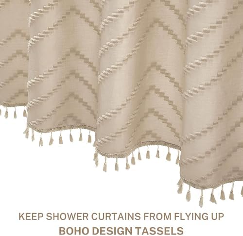 Siiluminisoy Extra Long Beige Boho Shower Curtain with Tassel, Woven Fabric 90 in, Tufted Chevron Striped, 72 x 90, Modern Chic Textured Minimalist Bathroom