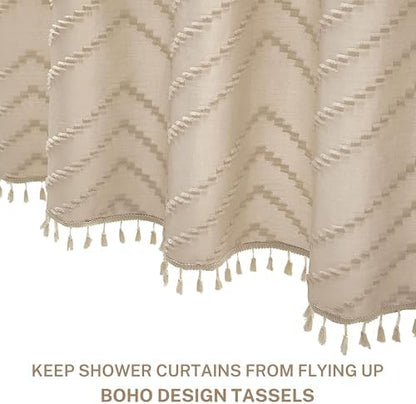 Siiluminisoy Extra Long Beige Boho Shower Curtain with Tassel, Woven Fabric 90 in, Tufted Chevron Striped, 72 x 90, Modern Chic Textured Minimalist Bathroom