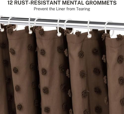 Siiluminisoy Brown Boho Farmhouse Shower Curtain Woven Fabric Shower Curtain, 72 x 78 Pleat Floral Puffs Tufted Textured Modern Farmhouse Minimalist Shower Curtain Set for Bathroom