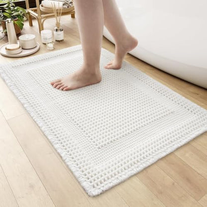 AMOAMI Waffle Bath Mat, Absorbent Bathroom Rugs Non Slip 17''x24'' White
