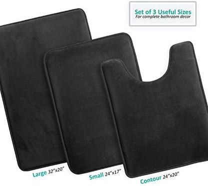 Clara Clark 3 Piece Bathroom Rugs Bath Mat Set, Velvet Memory Foam Bath Mats for Bathroom - Non-Slip, PVC Backing Bath Rugs, Washable - Dries Quickly, Black