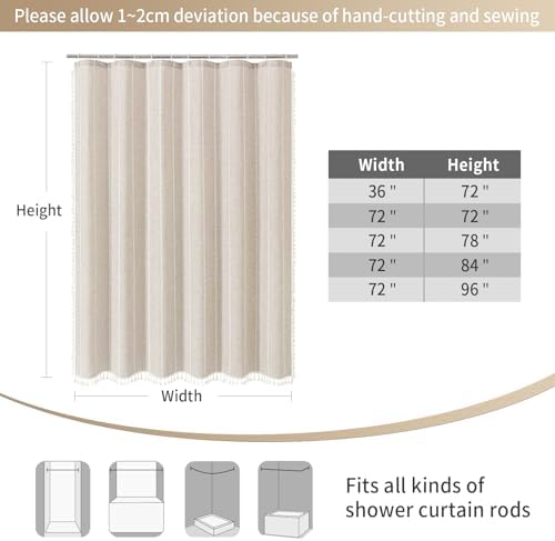MitoVilla Boho Tassel Linen Shower Curtain,3D Embroidery Stripe Cream,72x84