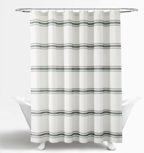 Lush Decor Farmhouse Stripe Cotton Shower Curtain, 72" W x 72" L, Dark Gray - Striped Bathroom Curtain - Fabric Shower Curtains - Farmhouse Bathroom Decor