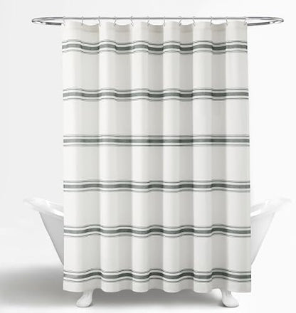 Lush Decor Farmhouse Stripe Cotton Shower Curtain, 72" W x 72" L, Dark Gray - Striped Bathroom Curtain - Fabric Shower Curtains - Farmhouse Bathroom Decor