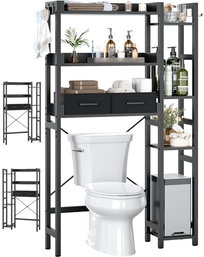 Besiost Over The Toilet Storage, 7 Tier Bathroom Organizer with Reversible Side Shelf and 2 Fabric Drawers, Adjustable Freestanding Rack Space Saver for Small Spaces, Black
