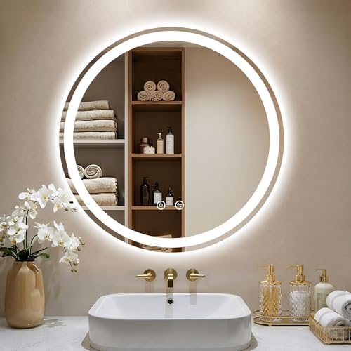 28 Inch Round LED Bathroom Mirror with Lights, Circle Lighted Vanity Mirror